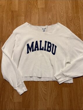 Brandy Melville White Cropped Sweatshirt with Navy Malibu Logo